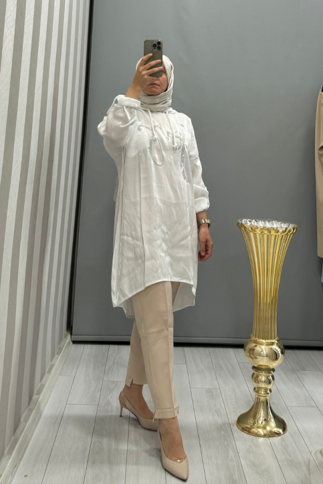 Dressing Room Imported Stone Detailed Hooded Tunic White Y53062