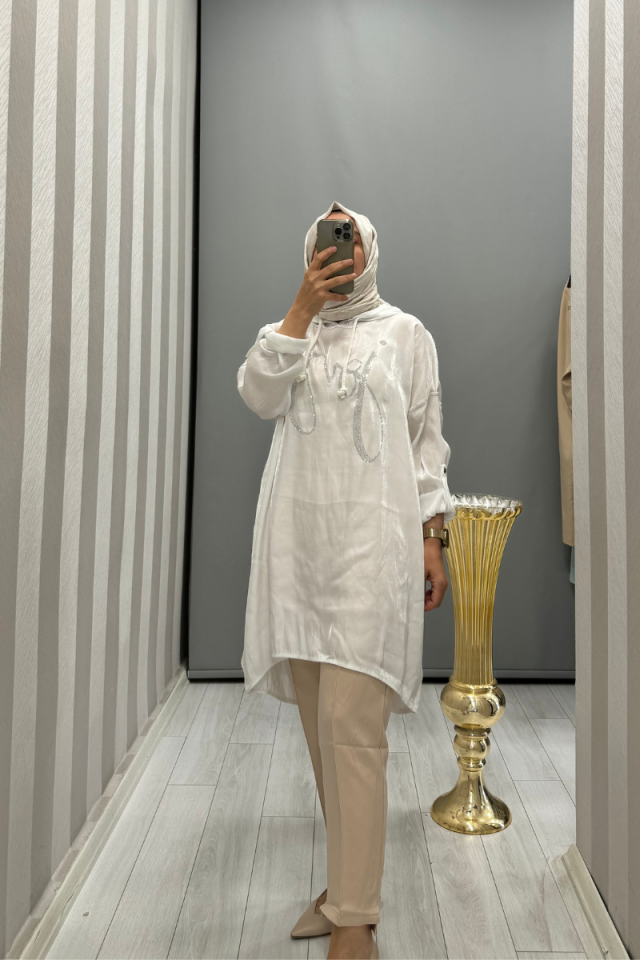 Dressing Room Imported Stone Detailed Hooded Tunic White Y53062
