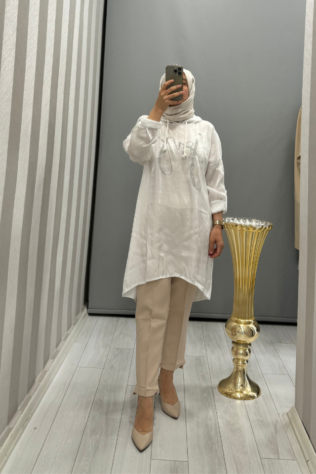 Dressing Room Imported Stone Detailed Hooded Tunic White Y53062