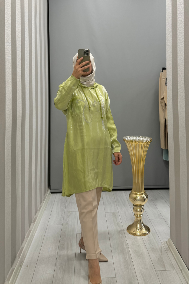 Dressing Room İthal Taş Detaylı Kapüşonlu Tunik Yeşil Y53062