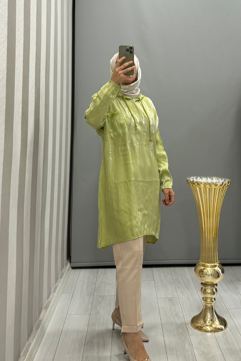 Dressing Room İthal Taş Detaylı Kapüşonlu Tunik Yeşil Y53062
