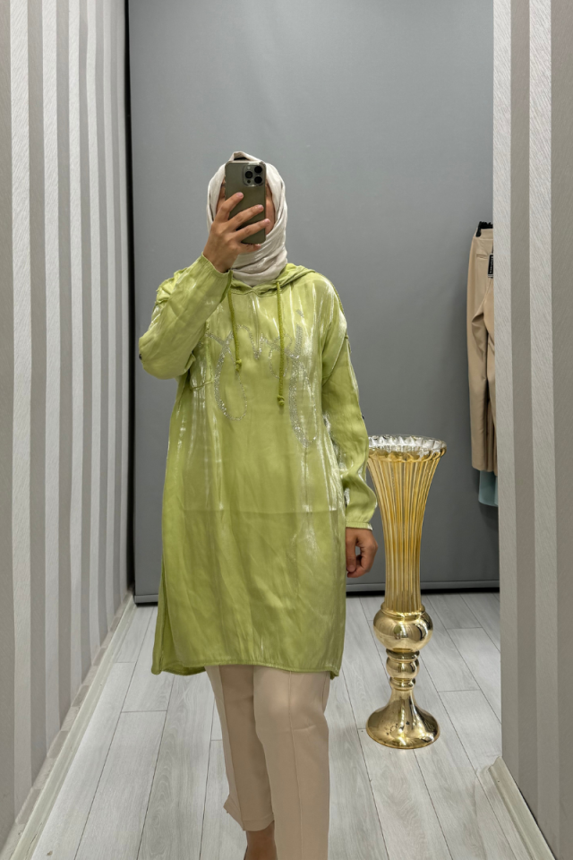 Dressing Room İthal Taş Detaylı Kapüşonlu Tunik Yeşil Y53062