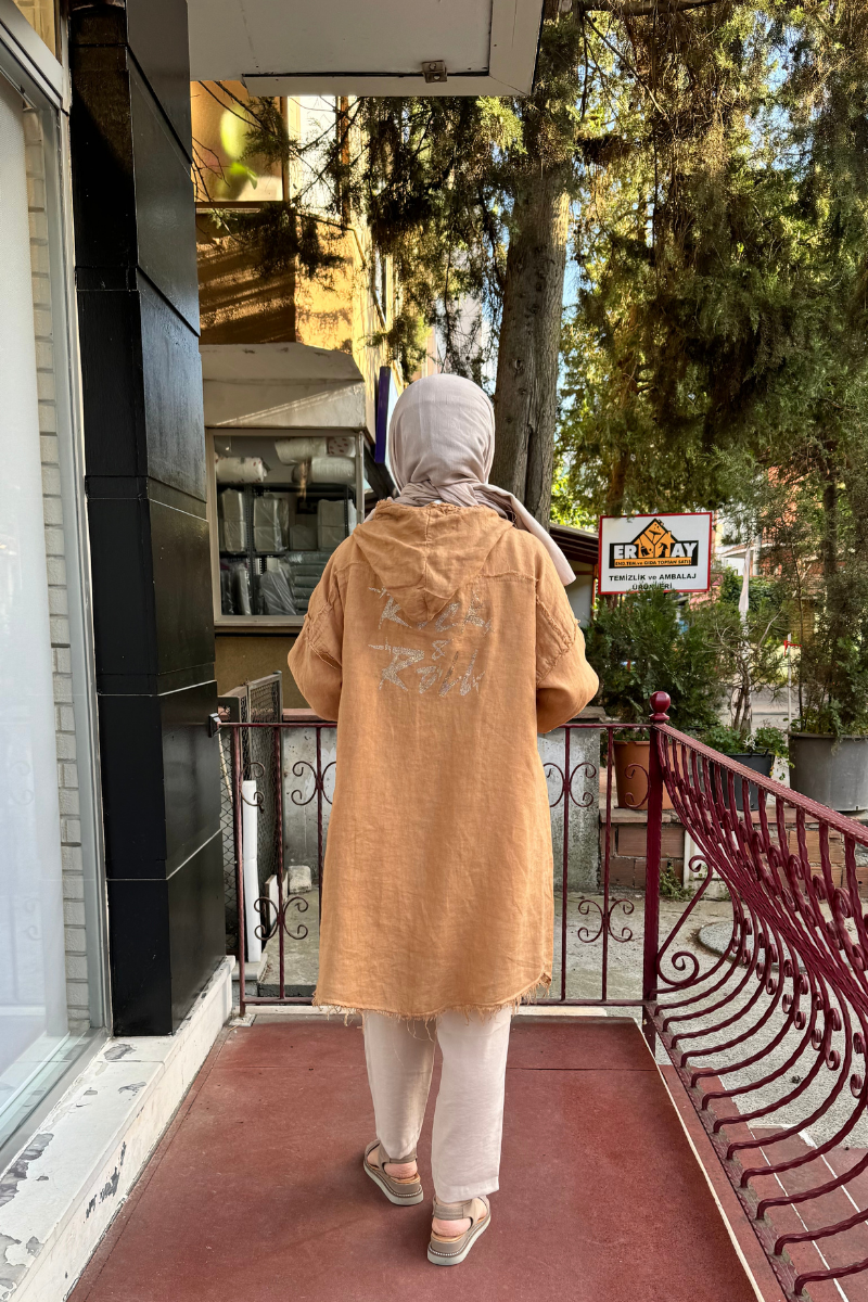Dressing Room Imported Hooded Linen Jacket Camel Y1917
