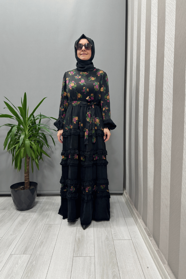 Misswhence Desenli Cupra İpek Elbise Desenli Siyah 37818