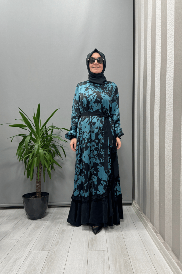 Misswhence Desenli Cupra İpek Elbise Turkuaz 37832