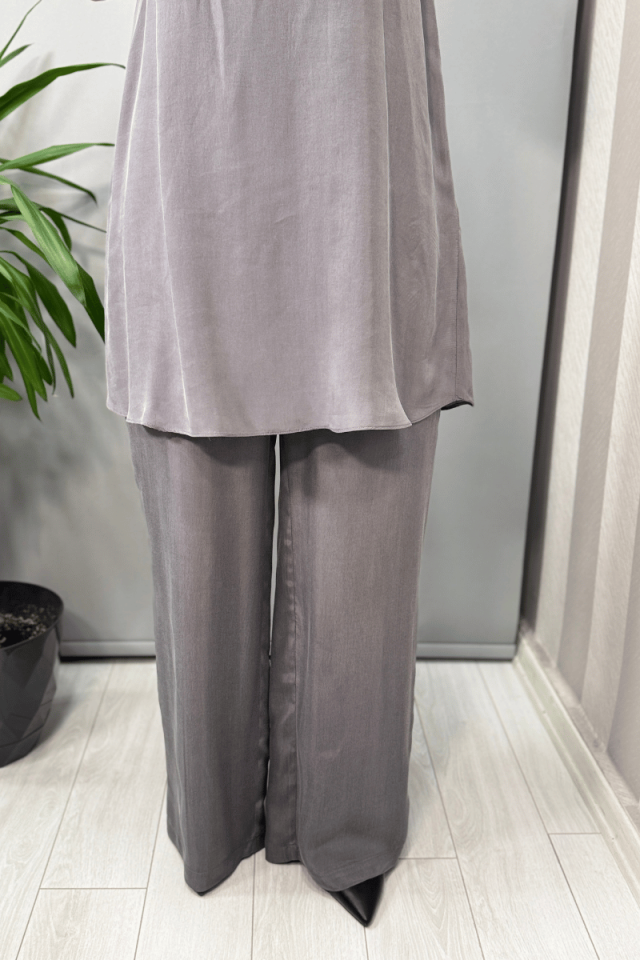 Miss Dalida Beli Lastikli Bol Paça Cupro Pantolon Antrasit T25Y-7007