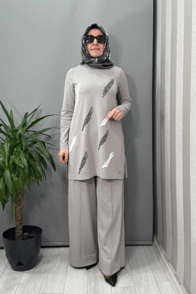 Miss Dalida Önü Dikiş Detaylı Bol Paça Triko Pantolon Gri T25Y-7009