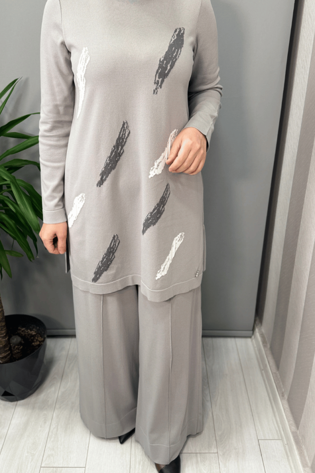 Miss Dalida Önü Dikiş Detaylı Bol Paça Triko Pantolon Gri T25Y-7009