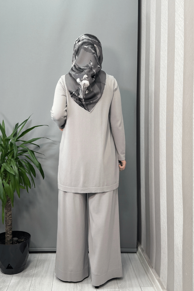 Miss Dalida Önü Dikiş Detaylı Bol Paça Triko Pantolon Gri T25Y-7009