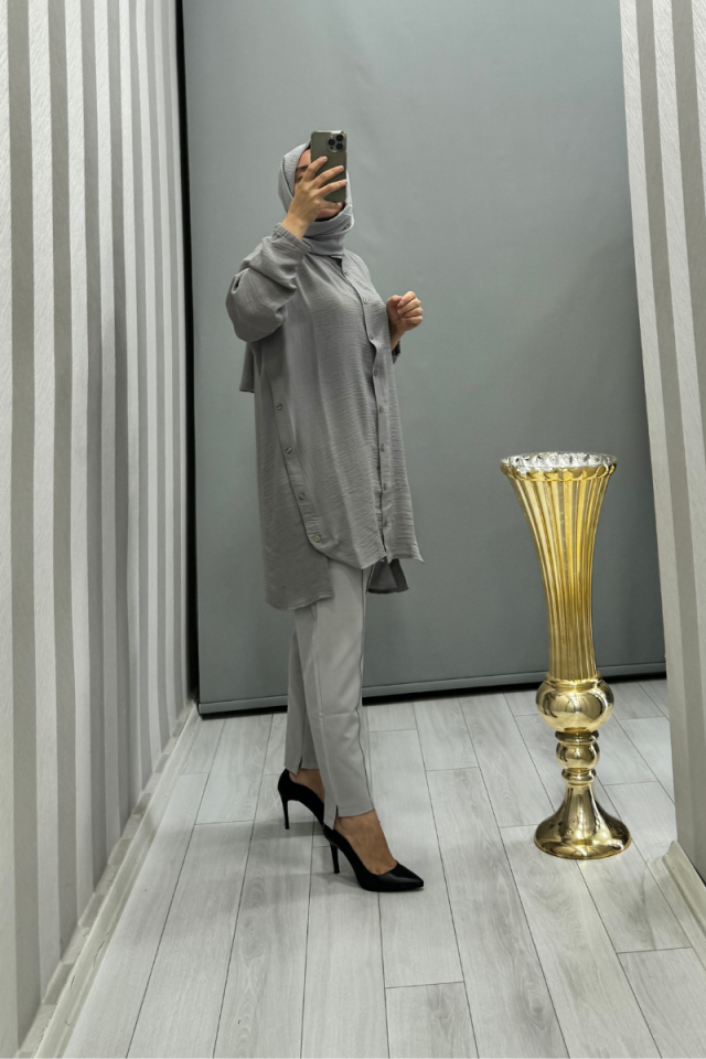 İnvee Düğme Detaylı Caz Tunik Gri 6941