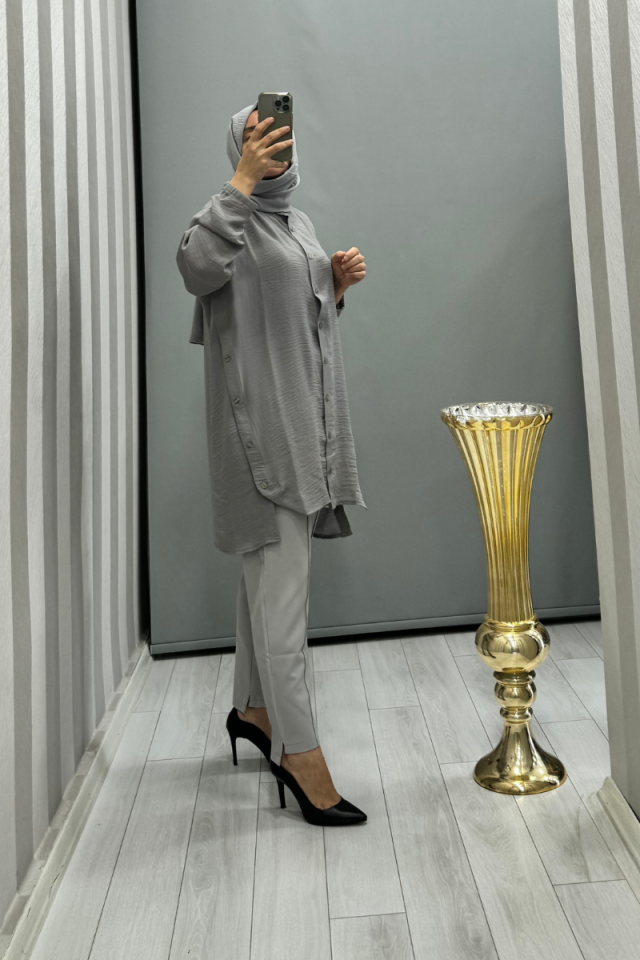 İnvee Düğme Detaylı Caz Tunik Gri 6941