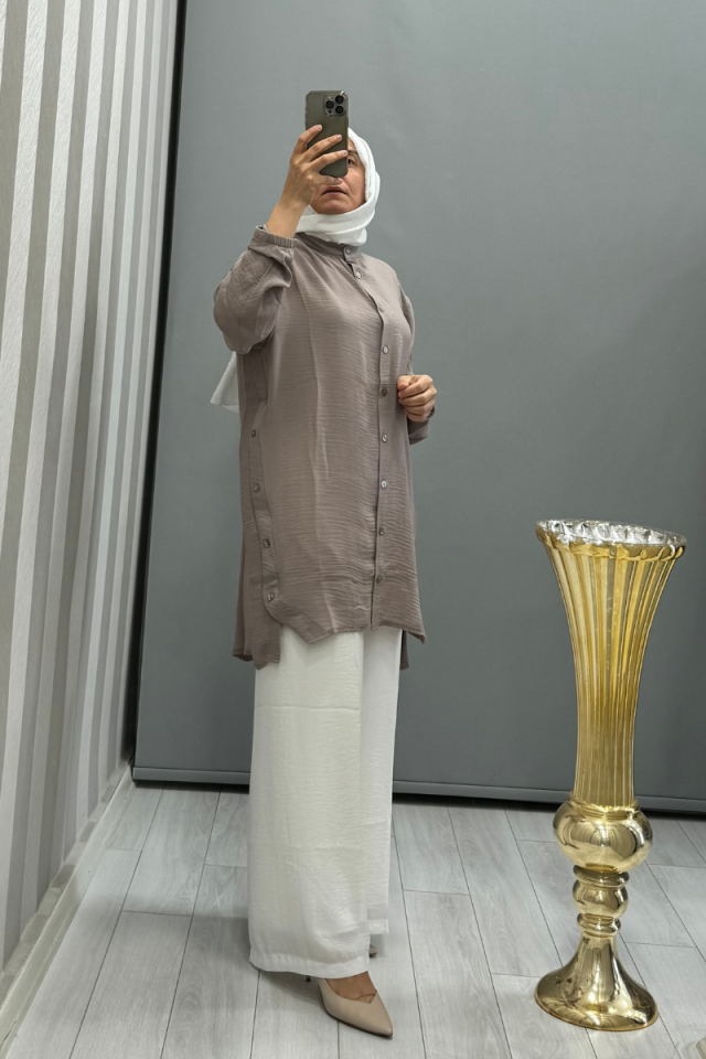 İnvee Düğme Detaylı Caz Tunik Vizon 6941