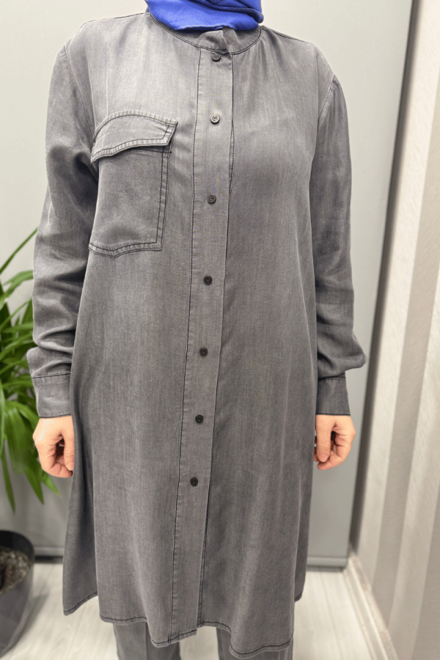 Misswhence Çıtçıtlı Tencel Gömlek Gri 37303