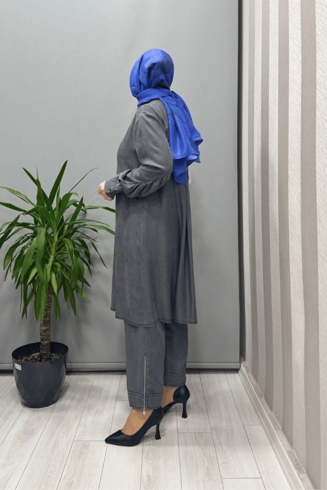 Misswhence Çıtçıtlı Tencel Gömlek Gri 37303