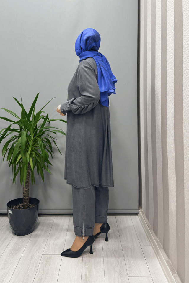 Misswhence Paçası Fermuarlı Tencel Pantolon Gri 37103