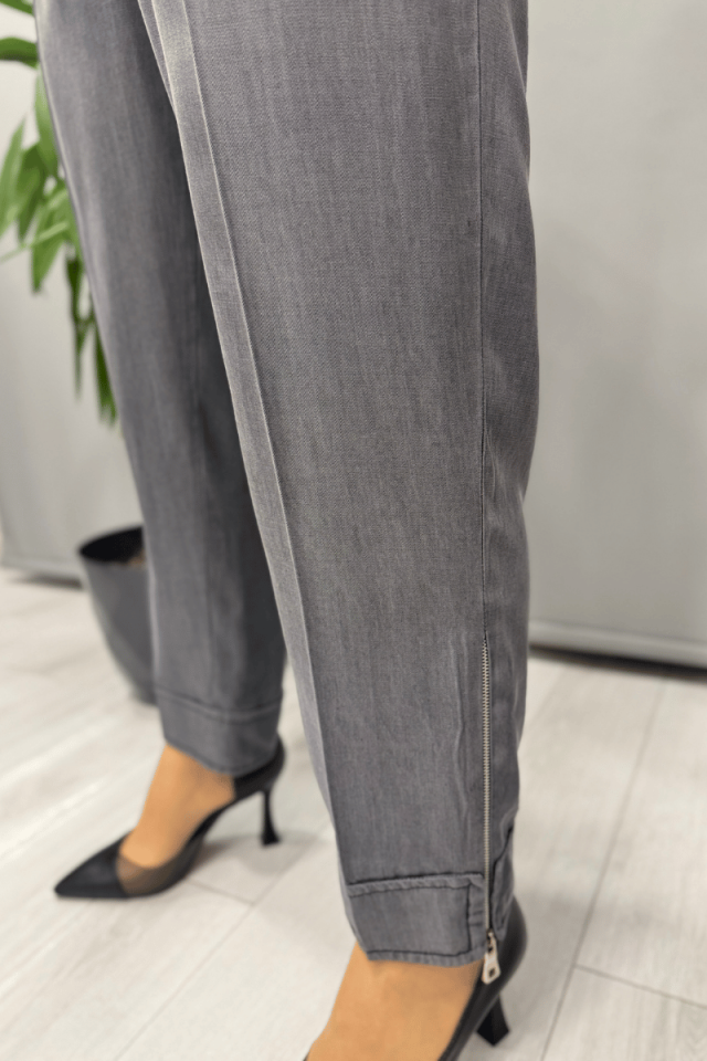 Misswhence Paçası Fermuarlı Tencel Pantolon Gri 37103
