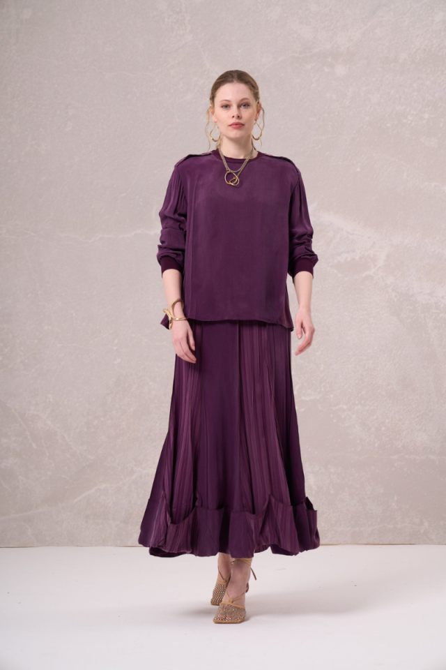 Misswhence Striped Silk Skirt Plum 35903