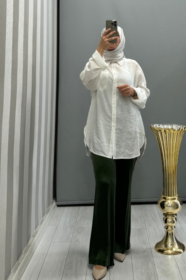 MissWhence Kendinden Çizgili İpek Pantolon Yeşil 29120