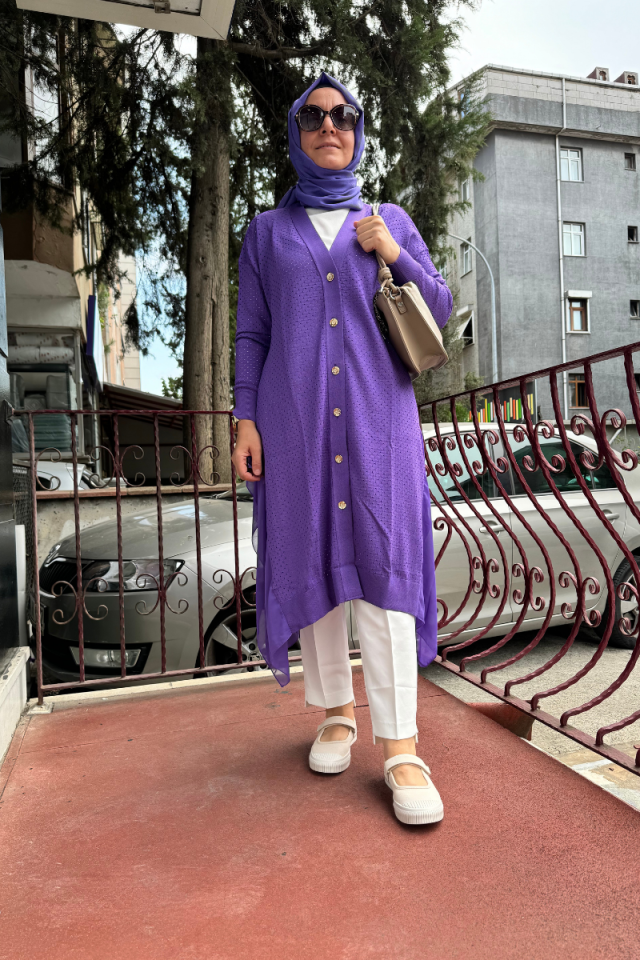 Ghisa Chiffon Detailed Knitwear Cardigan Purple 4YOBHRK3893