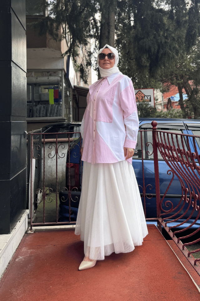Ghisa Bloklu Çizgili Gömlek Pembe 25YGSTNK4513