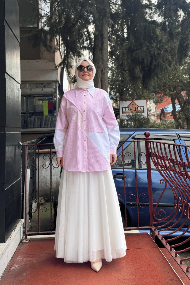 Ghisa Bloklu Çizgili Gömlek Pembe 25YGSTNK4513
