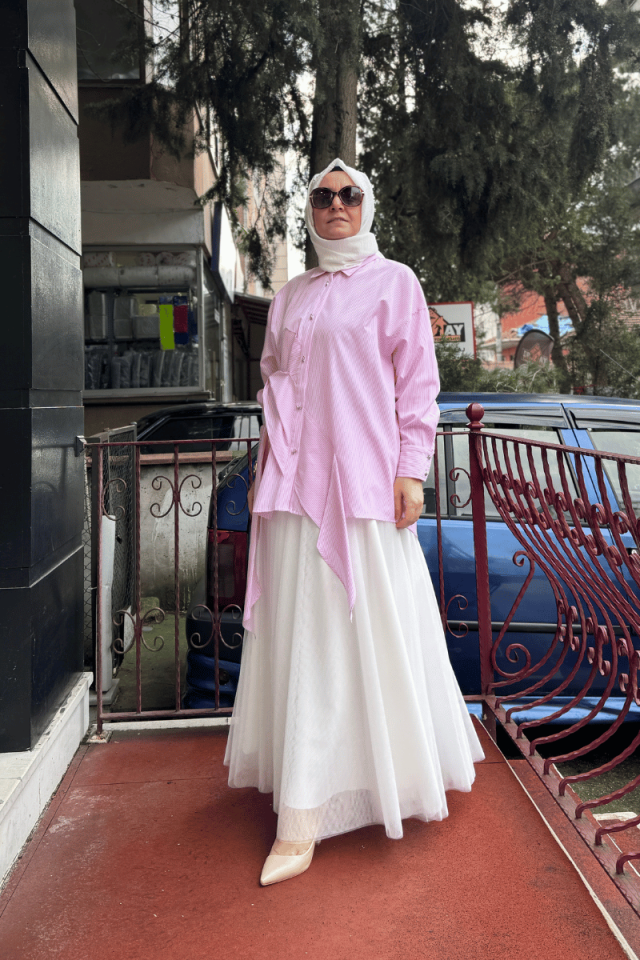 Ghisa Gömlek Yaka Çizgili Tunik Pembe 25YGSTNK4627