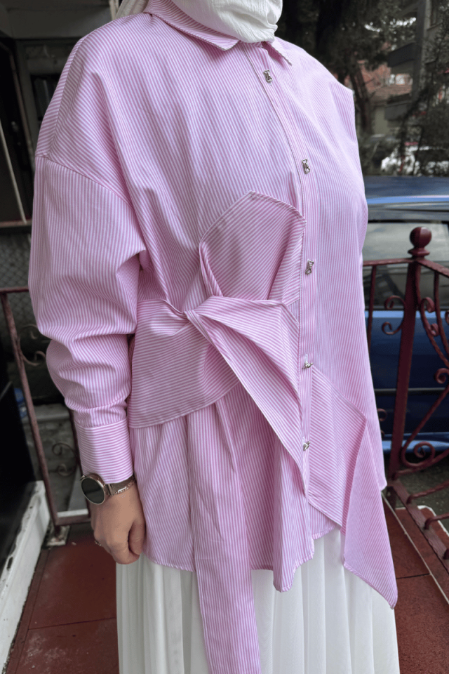 Ghisa Gömlek Yaka Çizgili Tunik Pembe 25YGSTNK4627