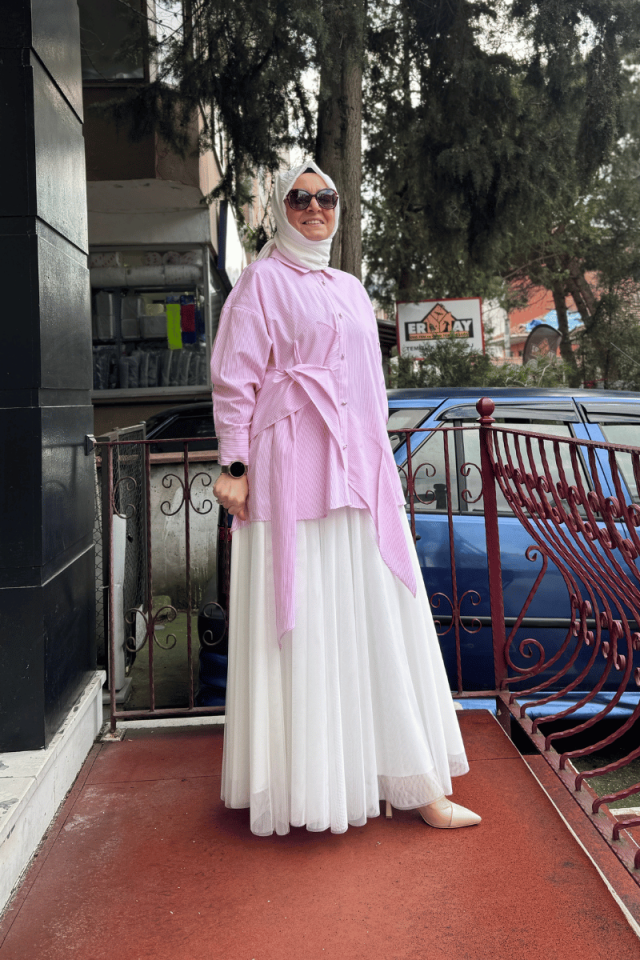 Ghisa Gömlek Yaka Çizgili Tunik Pembe 25YGSTNK4627