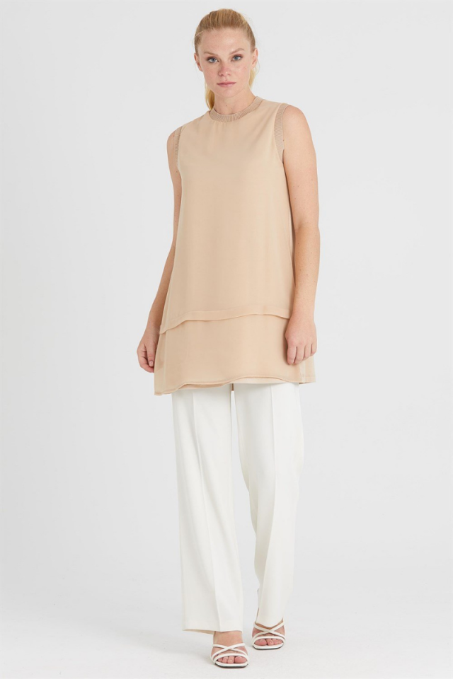 Ghisa Sleeveless Chiffon Tunic Beige GSBASIC4760