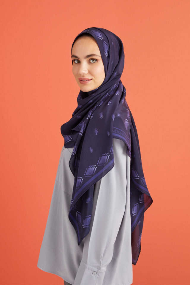 İmannoor Damlalar Lacivert Krep İpek Şal 80x200