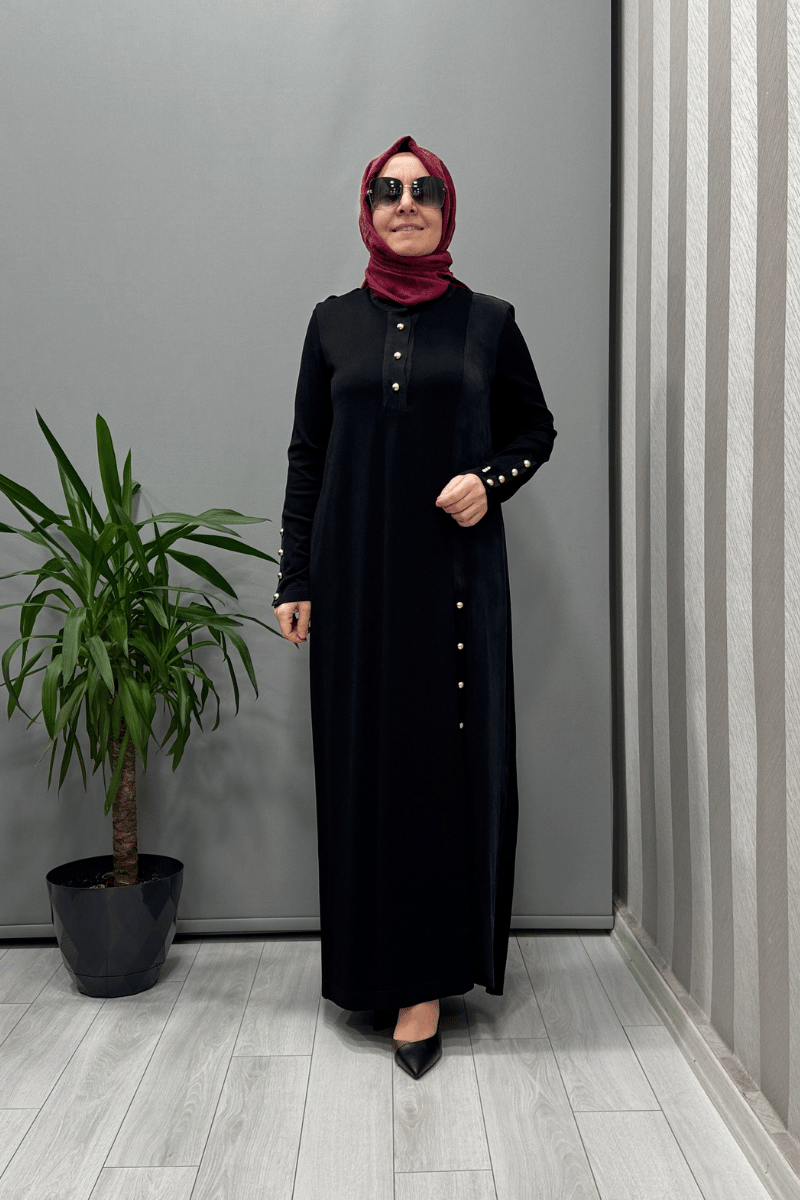 Miss Dalida Dik Yaka Düğme Detaylı Elbise Siyah T25Y-4023