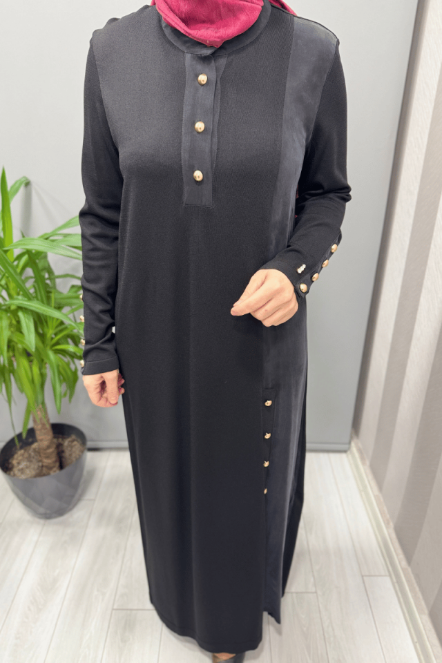 Miss Dalida Dik Yaka Düğme Detaylı Elbise Siyah T25Y-4023