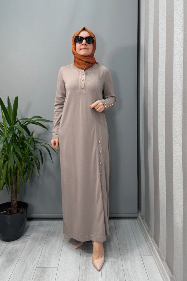 Miss Dalida Dik Yaka Düğme Detaylı Elbise Mink T25Y-4023