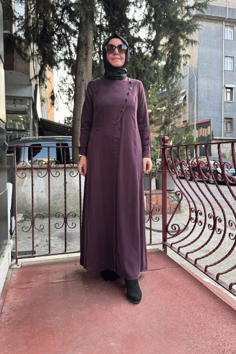 Miss Dalida Renkli Düğmeli Cupro Elbise Bordo T25K-4001