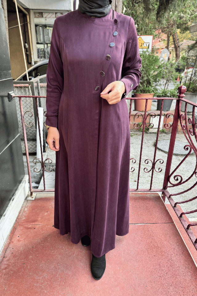 Miss Dalida Renkli Düğmeli Cupro Elbise Bordo T25K-4001