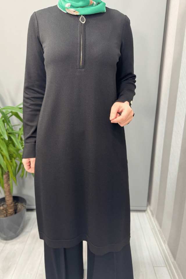 Miss Dalida Fermuar Detaylı Triko Tunik Siyah T25Y-6017