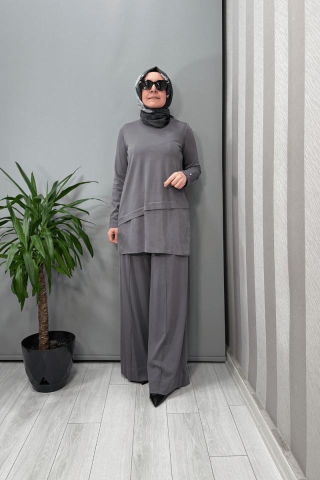 Miss Dalida Etek Ucu Cupro Asimetrik Kesim Triko Tunik Antrasit T25Y-6009