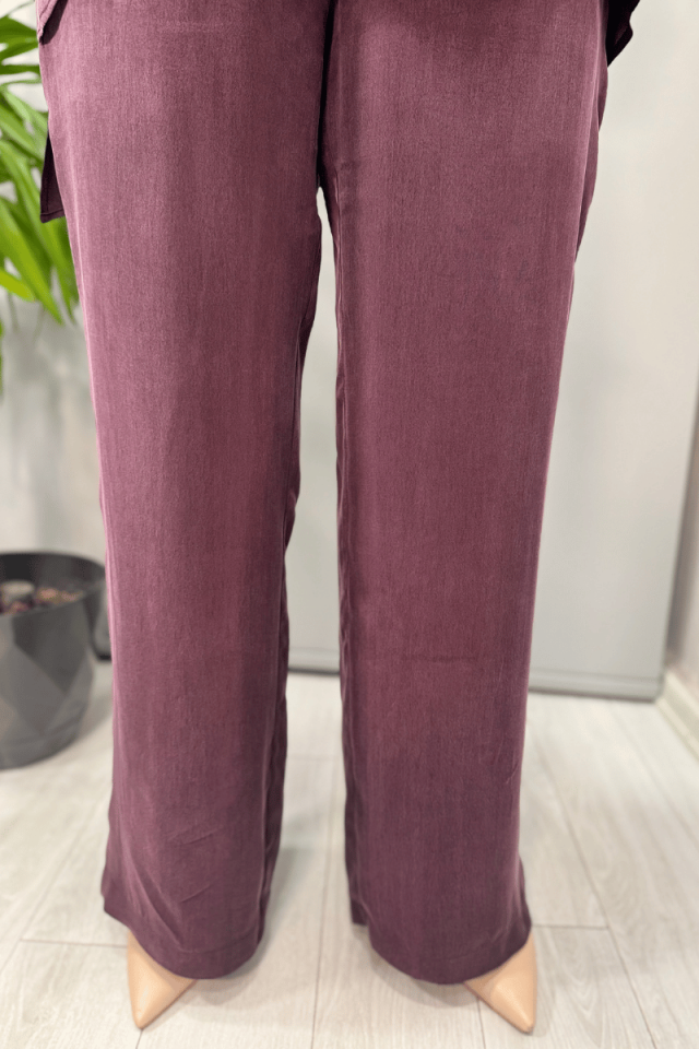 Miss Dalida Beli Lastikli Bol Paça Cupro Pantolon Bordo T25Y-7007