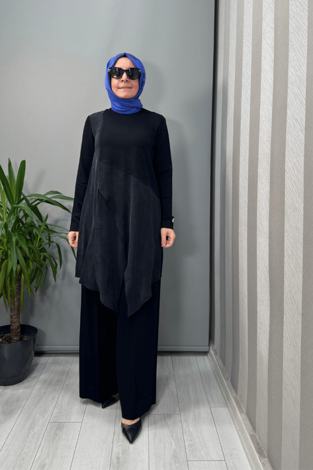 Miss Dalida Önü Dikiş Detaylı Bol Paça Triko Pantolon Siyah T25Y-7009