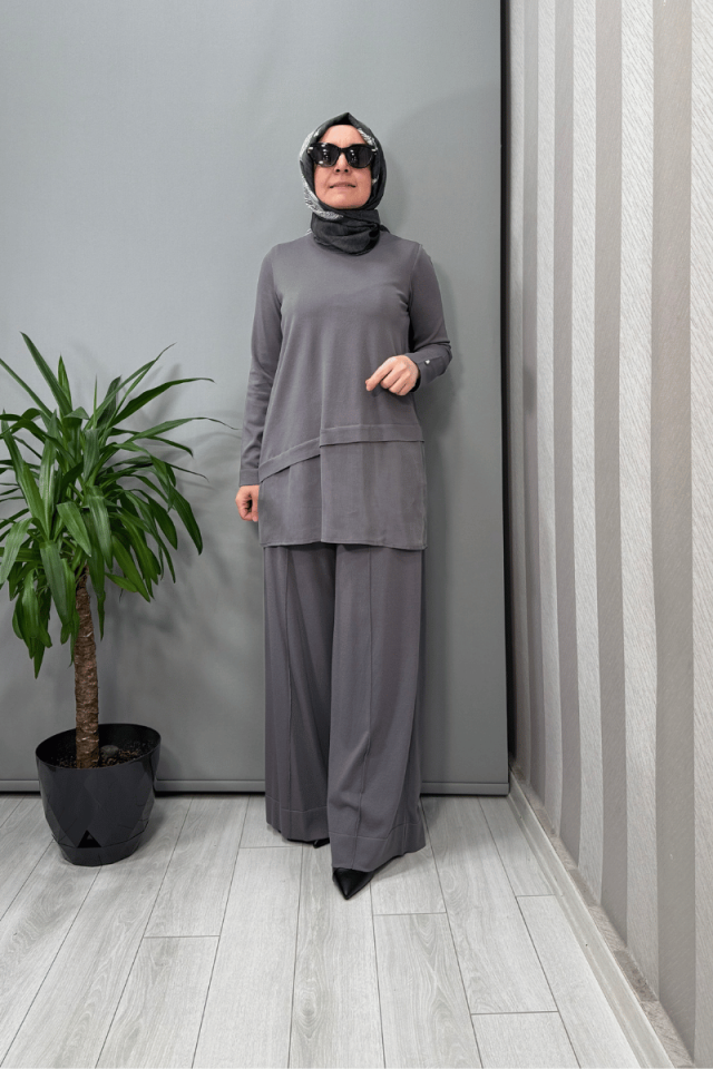Miss Dalida Önü Dikiş Detaylı Bol Paça Triko Pantolon Antrasit T25Y-7009