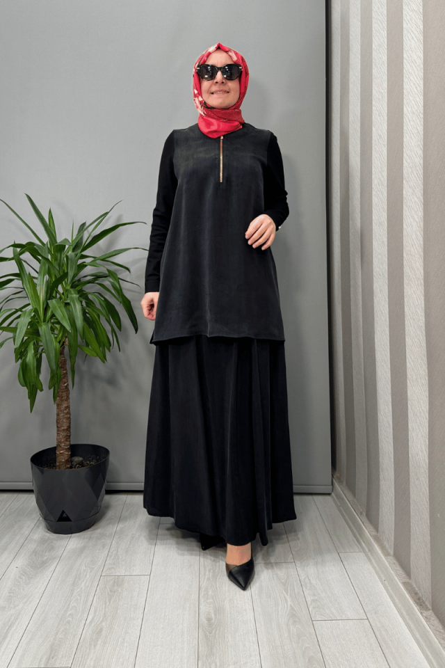 Miss Dalida Yakası Fermuarlı Cupro Tunik Siyah T25Y-6061