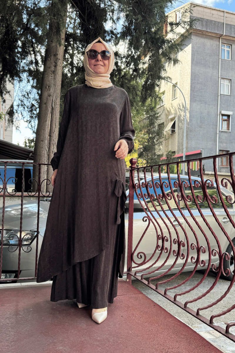 MissWhence Renkli Uzun İpek Takım Kahve 36019