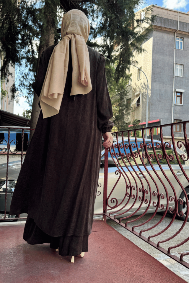 MissWhence Renkli Uzun İpek Takım Kahve 36019