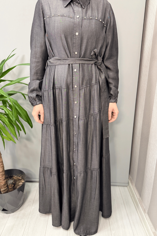 Misswhence Çıtçıtlı Tensel Kot Elbise Gri 37842