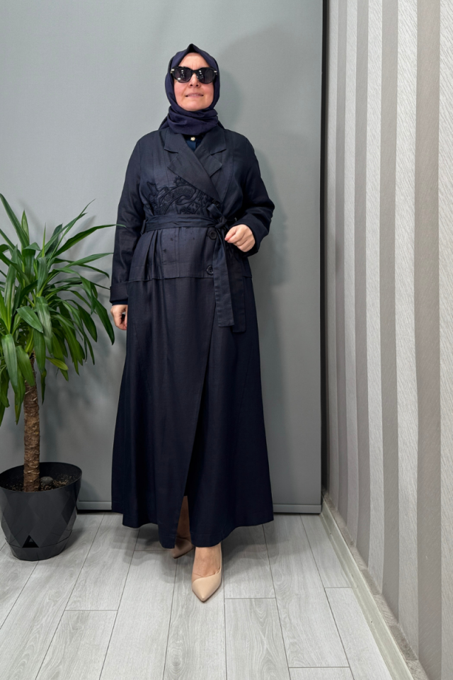 Misswhence Nakış Detaylı Tencel Viscon Pardesü Lacivert 37501P