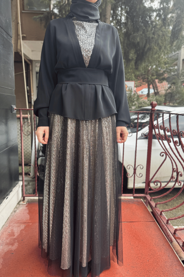 Almarwah Bluz Etek Takım Bej/Siyah 90212