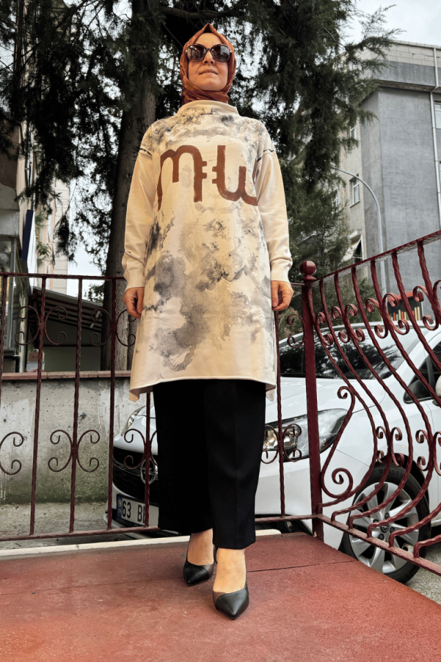 MissWhence Baskılı Triko Tunik Ekru 36021